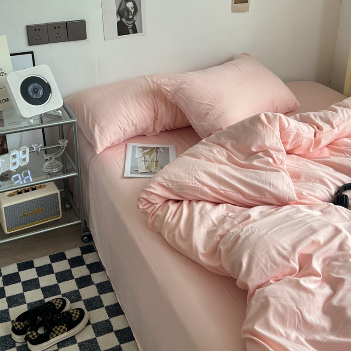 91家纺网 家纺一手货源 找家纺 优色良品 2023新款110克纯色超柔褶皱水洗棉四件套 仙女粉