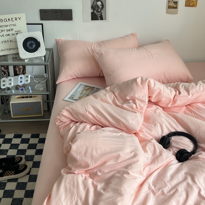 91家纺网 家纺一手货源 找家纺 优色良品 2023新款110克纯色超柔褶皱水洗棉四件套 仙女粉