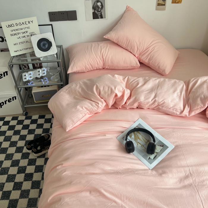 91家纺网 家纺一手货源 找家纺 优色良品 2023新款110克纯色超柔褶皱水洗棉四件套 仙女粉