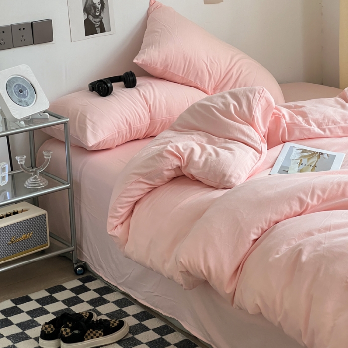 91家纺网 家纺一手货源 找家纺 优色良品 2023新款110克纯色超柔褶皱水洗棉四件套 仙女粉