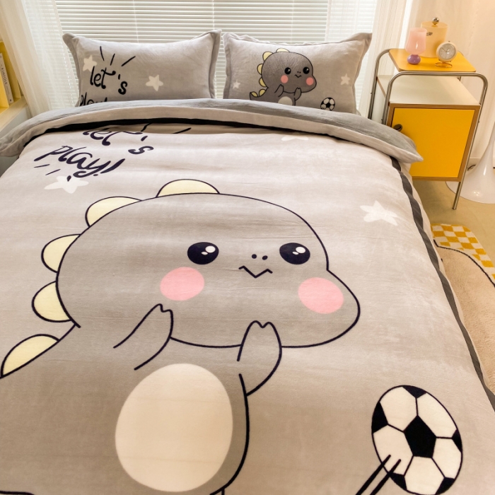 91家纺网 家纺一手货源 找家纺 慕尚 2022爆款大版高克重印花牛奶绒四件套 快乐恐龙