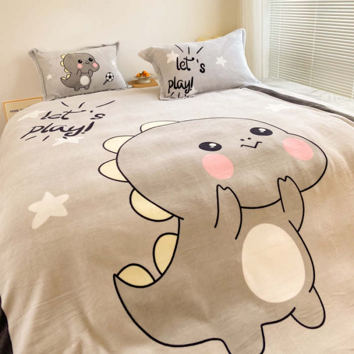 91家纺网 家纺一手货源 找家纺 慕尚 2022爆款大版高克重印花牛奶绒四件套 快乐恐龙