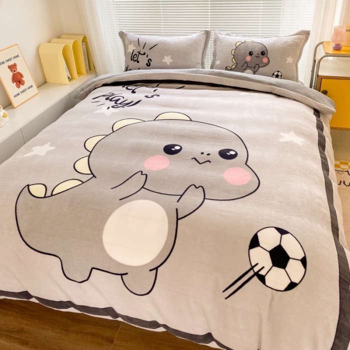 91家纺网 家纺一手货源 找家纺 慕尚 2022爆款大版高克重印花牛奶绒四件套 快乐恐龙