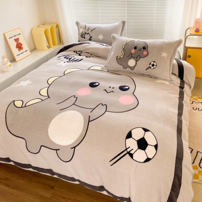 91家纺网 家纺一手货源 找家纺 慕尚 2022爆款大版高克重印花牛奶绒四件套 快乐恐龙