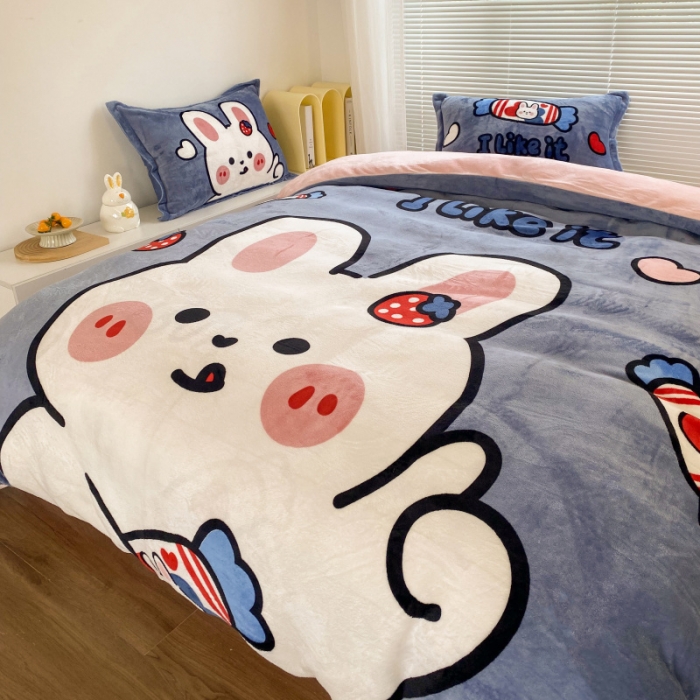 91家纺网 家纺一手货源 找家纺 慕尚 2022爆款大版高克重印花牛奶绒四件套 奶糖兔