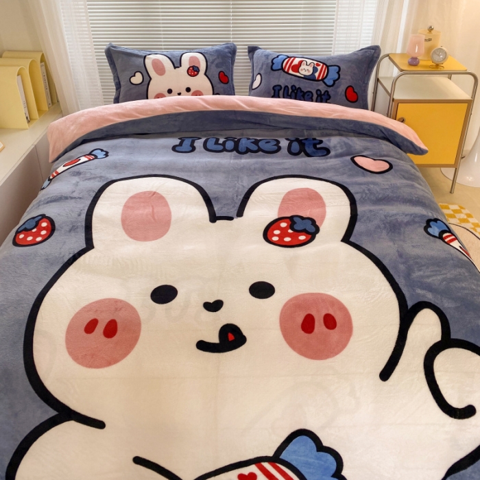 91家纺网 家纺一手货源 找家纺 慕尚 2022爆款大版高克重印花牛奶绒四件套 奶糖兔