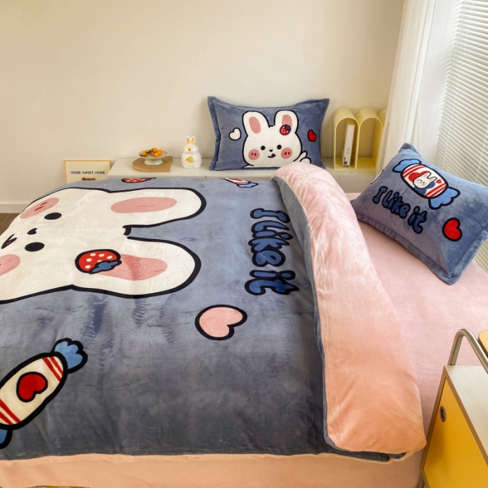 91家纺网 家纺一手货源 找家纺 慕尚 2022爆款大版高克重印花牛奶绒四件套 奶糖兔