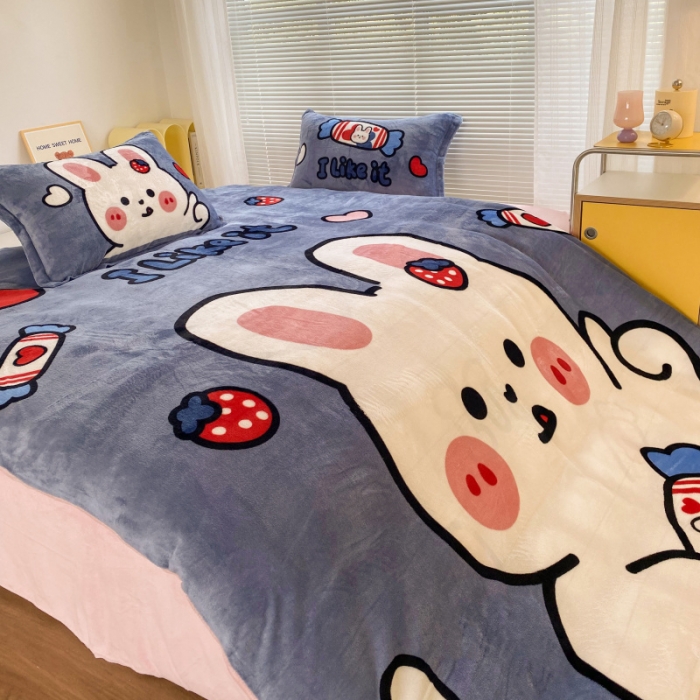 91家纺网 家纺一手货源 找家纺 慕尚 2022爆款大版高克重印花牛奶绒四件套 奶糖兔