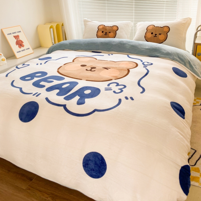 91家纺网 家纺一手货源 找家纺 慕尚 2022爆款大版高克重印花牛奶绒四件套 洋气熊