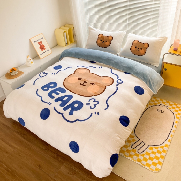 91家纺网 家纺一手货源 找家纺 慕尚 2022爆款大版高克重印花牛奶绒四件套 洋气熊