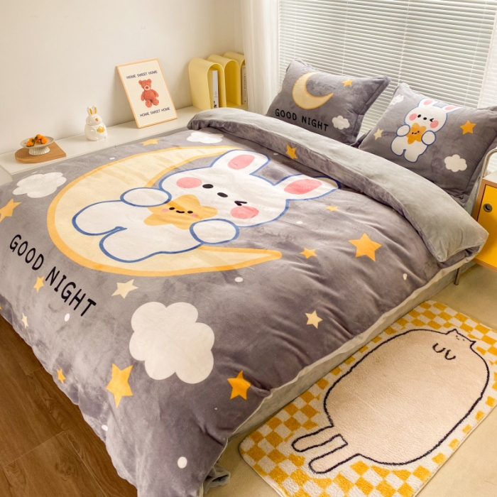 91家纺网 家纺一手货源 找家纺 慕尚 2022爆款大版高克重印花牛奶绒四件套 月亮兔