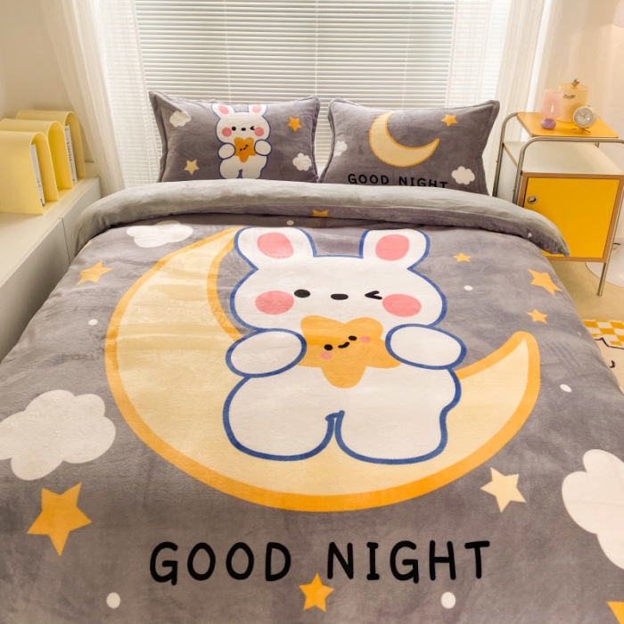 91家纺网 家纺一手货源 找家纺 慕尚 2022爆款大版高克重印花牛奶绒四件套 月亮兔