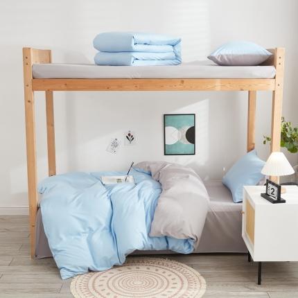 91家纺网 家纺一手货源 找家纺 啊雅家居 新款ins学生宿舍双拼纯色磨毛三件套 天空兰加浅灰