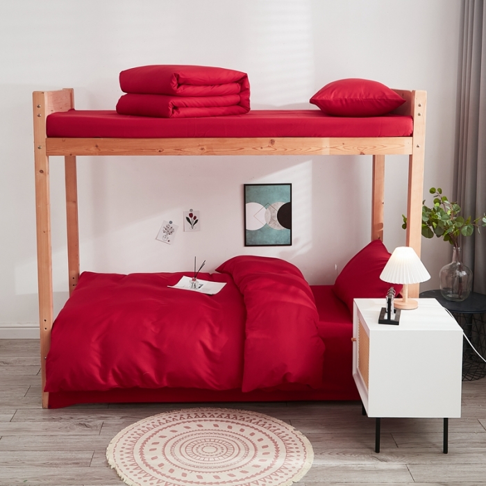 91家纺网 家纺一手货源 找家纺 啊雅家居 新款ins学生宿舍双拼纯色磨毛三件套 红色