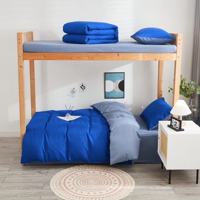 91家纺网 家纺一手货源 找家纺 啊雅家居 新款ins学生宿舍双拼纯色磨毛三件套 克莱因蓝加浅蓝灰