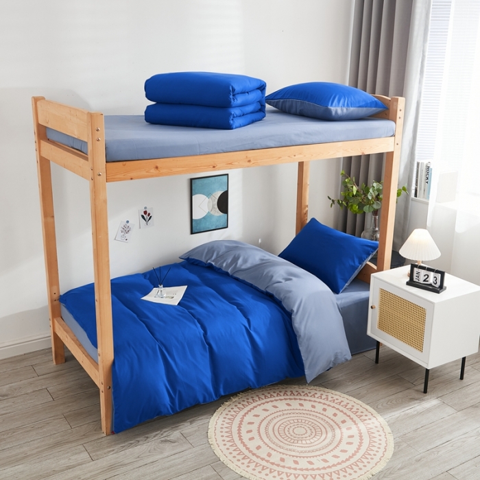 91家纺网 家纺一手货源 找家纺 啊雅家居 新款ins学生宿舍双拼纯色磨毛三件套 克莱因蓝加浅蓝灰