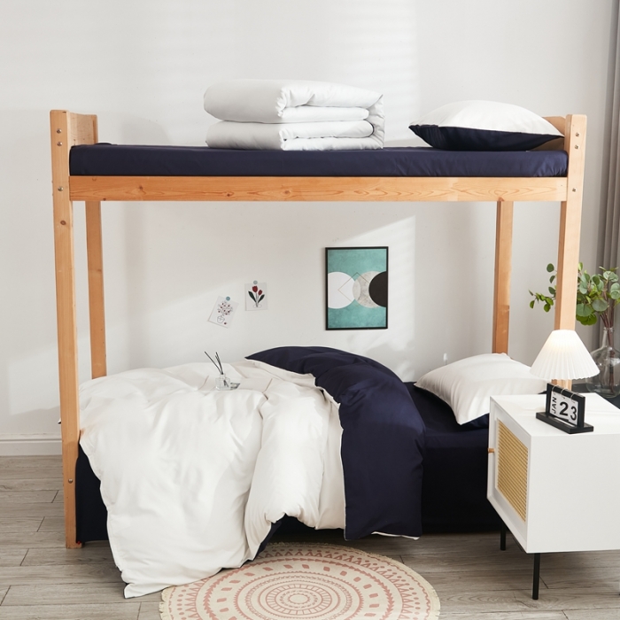 91家纺网 家纺一手货源 找家纺 啊雅家居 新款ins学生宿舍双拼纯色磨毛三件套 米白加藏青