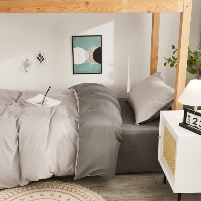 91家纺网 家纺一手货源 找家纺 啊雅家居 新款ins学生宿舍双拼纯色磨毛三件套 浅灰加深灰