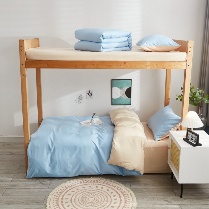 91家纺网 家纺一手货源 找家纺 啊雅家居 新款ins学生宿舍双拼纯色磨毛三件套 天空兰加黄