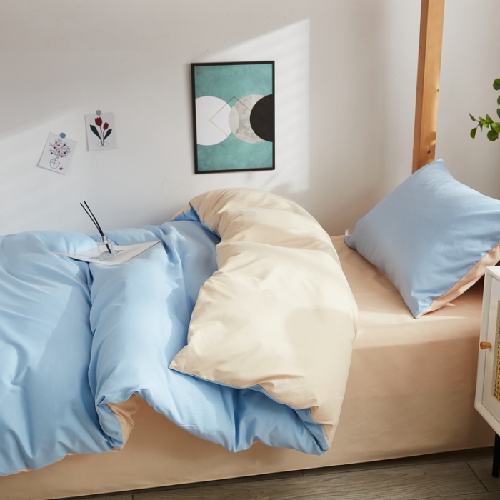 91家纺网 家纺一手货源 找家纺 啊雅家居 新款ins学生宿舍双拼纯色磨毛三件套 天空兰加黄