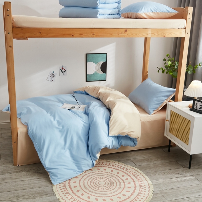 91家纺网 家纺一手货源 找家纺 啊雅家居 新款ins学生宿舍双拼纯色磨毛三件套 天空兰加黄