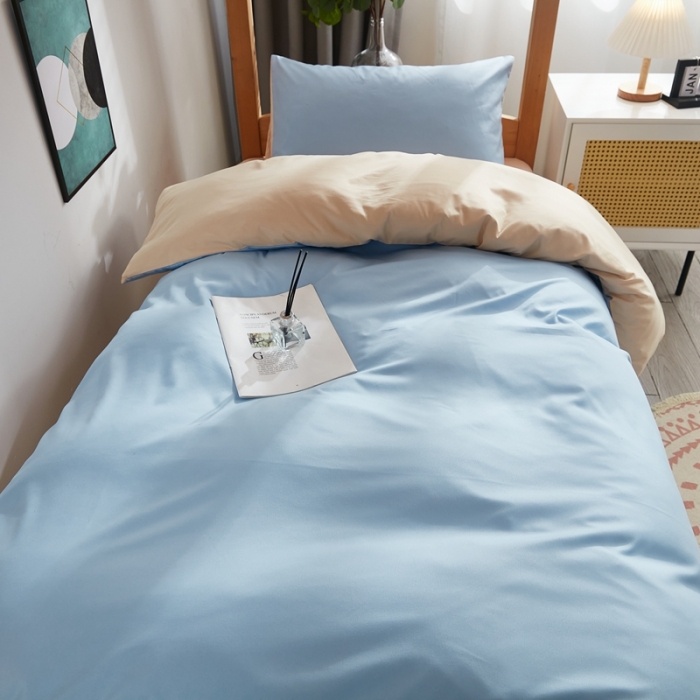 91家纺网 家纺一手货源 找家纺 啊雅家居 新款ins学生宿舍双拼纯色磨毛三件套 天空兰加黄