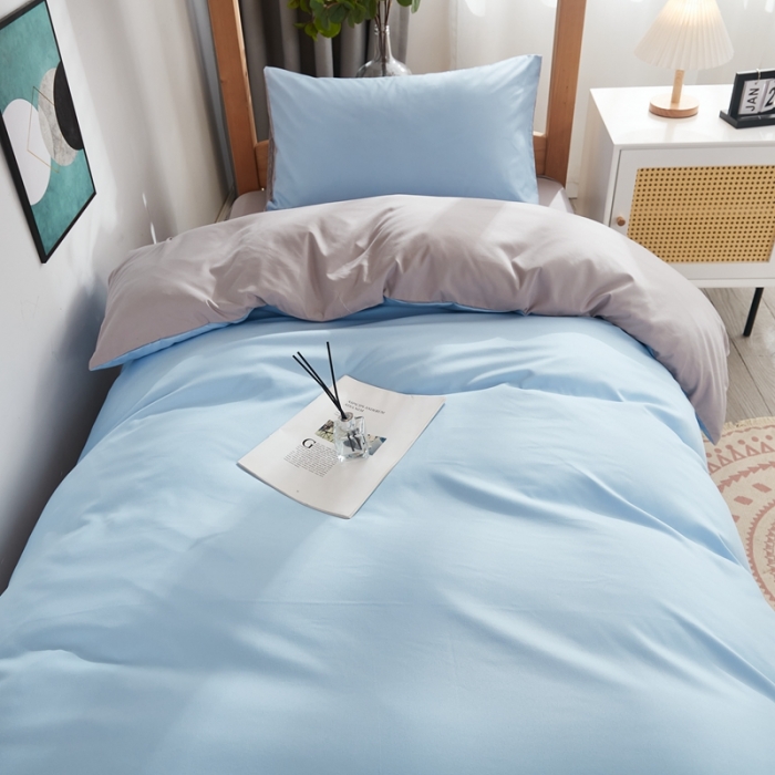 91家纺网 家纺一手货源 找家纺 啊雅家居 新款ins学生宿舍双拼纯色磨毛三件套 天空兰加浅灰