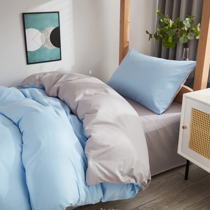 91家纺网 家纺一手货源 找家纺 啊雅家居 新款ins学生宿舍双拼纯色磨毛三件套 天空兰加浅灰