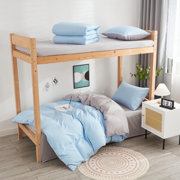 91家纺网 家纺一手货源 找家纺 啊雅家居 新款ins学生宿舍双拼纯色磨毛三件套 天空兰加浅灰