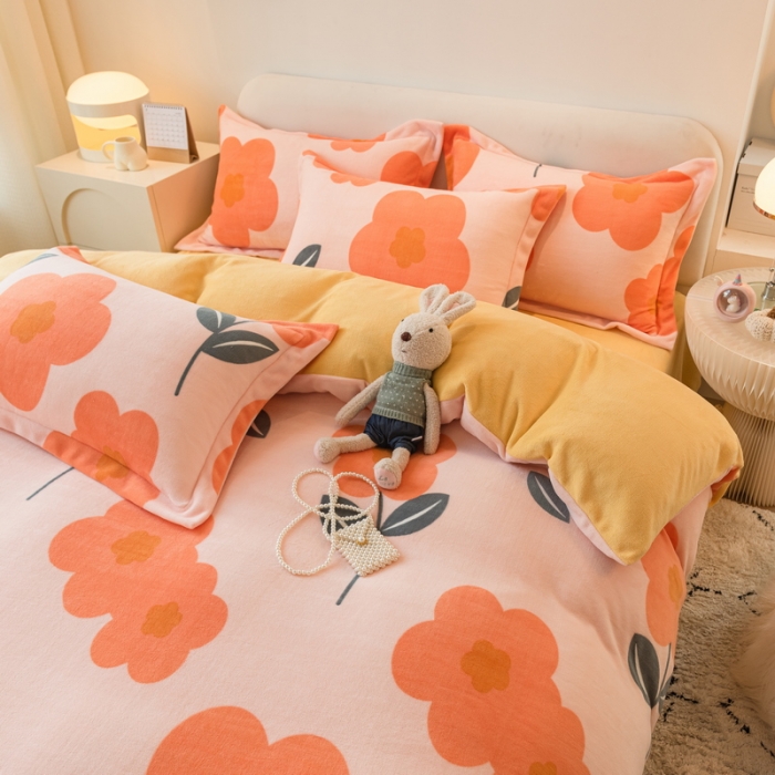 91家纺网 家纺一手货源 找家纺 丝羽坊2022专版花型直播供货双面牛奶绒印花四件套被套 新图二冬日暖阳