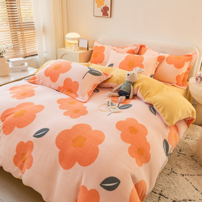 91家纺网 家纺一手货源 找家纺 丝羽坊2022专版花型直播供货双面牛奶绒印花四件套被套 新图二冬日暖阳