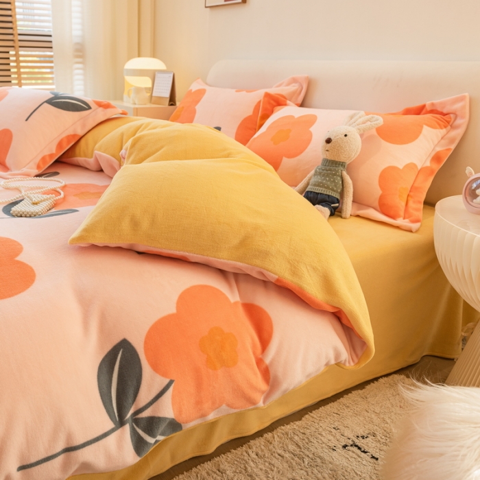 91家纺网 家纺一手货源 找家纺 丝羽坊2022专版花型直播供货双面牛奶绒印花四件套被套 新图二冬日暖阳