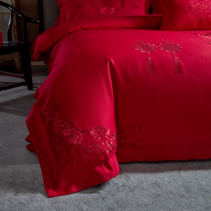 91家纺网 家纺一手货源 找家纺 高大尚 2022新品40s全工艺喷气纯棉系列-喜事成双（红）