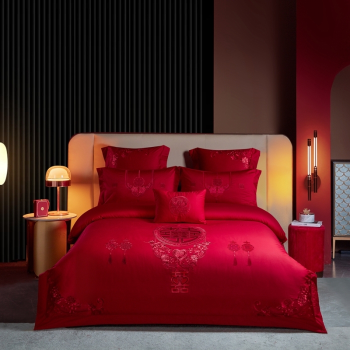 91家纺网 家纺一手货源 找家纺 高大尚 2022新品40s全工艺喷气纯棉系列-喜事成双（红）