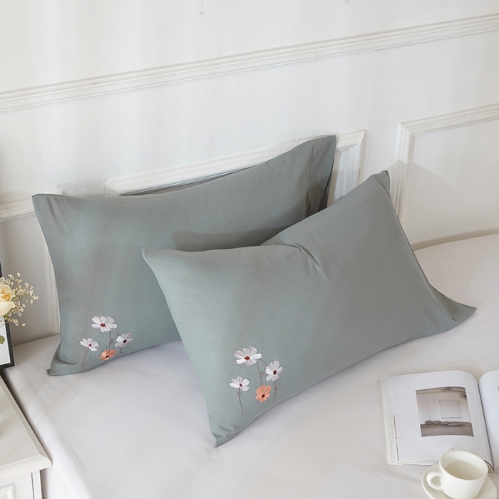 91家纺网 家纺一手货源 找家纺 丰淘2022新款水洗棉绣花枕套-亭亭玉立 亭亭玉立-蓝灰