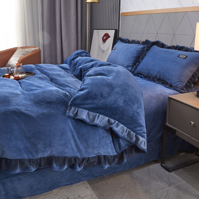 91家纺网 家纺一手货源 找家纺 （总）绣女坊2023新款韩版花边床裙款牛奶绒宝宝绒四件套