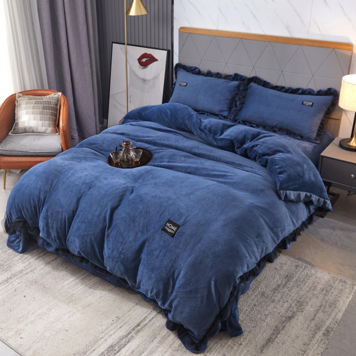 91家纺网 家纺一手货源 找家纺 （总）绣女坊2023新款韩版花边床裙款牛奶绒宝宝绒四件套