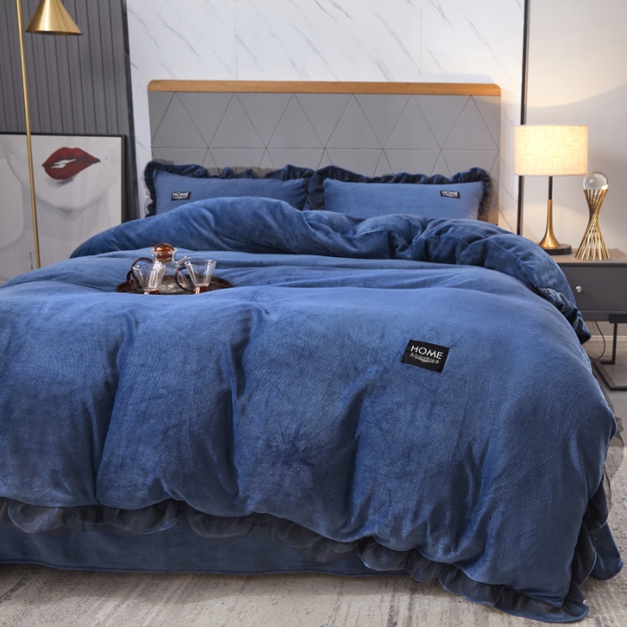 91家纺网 家纺一手货源 找家纺 （总）绣女坊2023新款韩版花边床裙款牛奶绒宝宝绒四件套