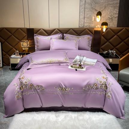 91家纺网 家纺一手货源 找家纺 红番天 2022款长绒棉全棉刺绣四件套-罗曼蒂克香芋紫