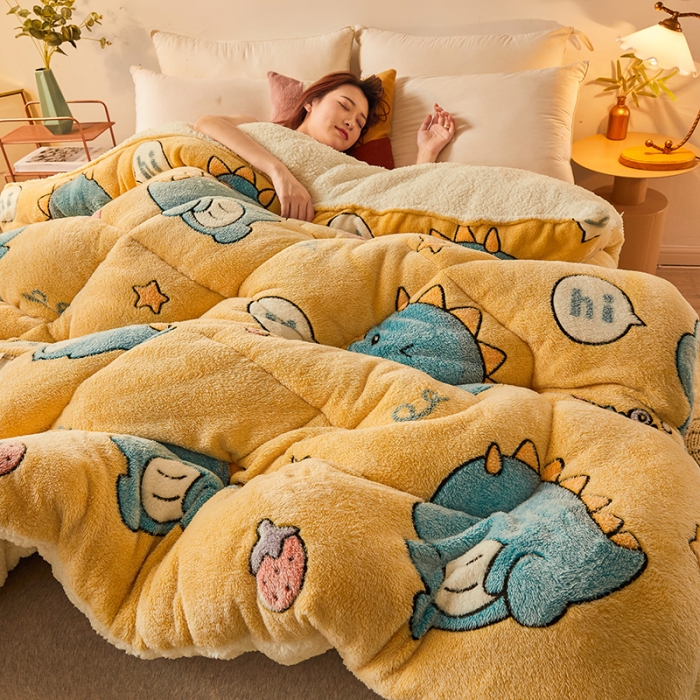 91家纺网 家纺一手货源 找家纺 梦初语 2022新款加厚保暖雪花绒加羊羔绒冬被 恐龙宝贝