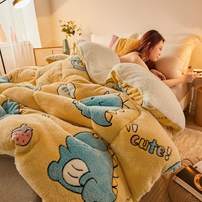 91家纺网 家纺一手货源 找家纺 梦初语 2022新款加厚保暖雪花绒加羊羔绒冬被 恐龙宝贝