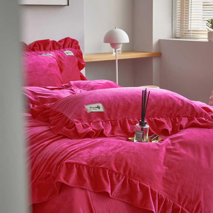 91家纺网 家纺一手货源 找家纺 舒梦琪 2023新款加厚宝宝绒韩版四件套牛奶绒四件套 玫红