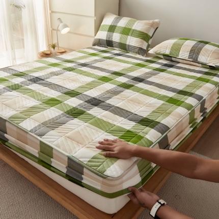 91家纺网 家纺一手货源 找家纺 格子铺 2022新款A类全棉水洗棉夹棉大豆蛋白床笠--斜方款 绿中格（斜方）