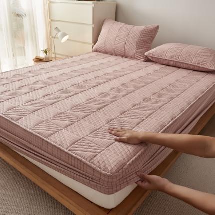 格子铺 2022新款A类全棉水洗棉夹棉大豆蛋白床笠--斜方款 粉中格（斜方）