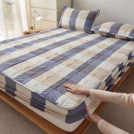 格子铺 2022新款A类全棉水洗棉夹棉大豆蛋白床笠--斜方款 蓝大格（斜方）