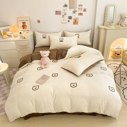 雅居坊2022新款毛巾绣小熊 牛奶绒四件套系列 小熊 白咖