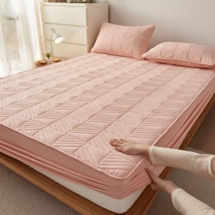 格子铺 2022新款A类全棉水洗棉夹棉大豆蛋白床笠--斜方款 樱花粉（斜方）