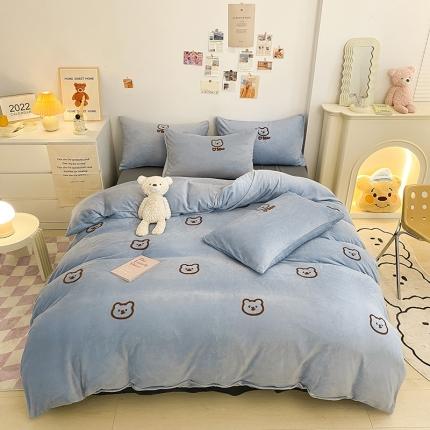 雅居坊2022新款毛巾绣小熊 牛奶绒四件套系列 小熊 蓝灰