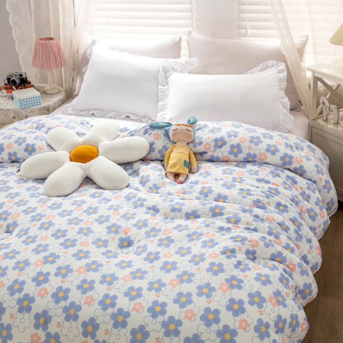 91家纺网 家纺一手货源 找家纺 天瑜家纺 2023新款A类针织棉冬被 朵朵花开蓝