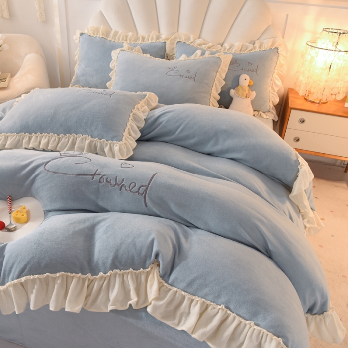 91家纺网 家纺一手货源 找家纺 （总）绒世界 2024秋冬韩版牛奶绒绣花四件套